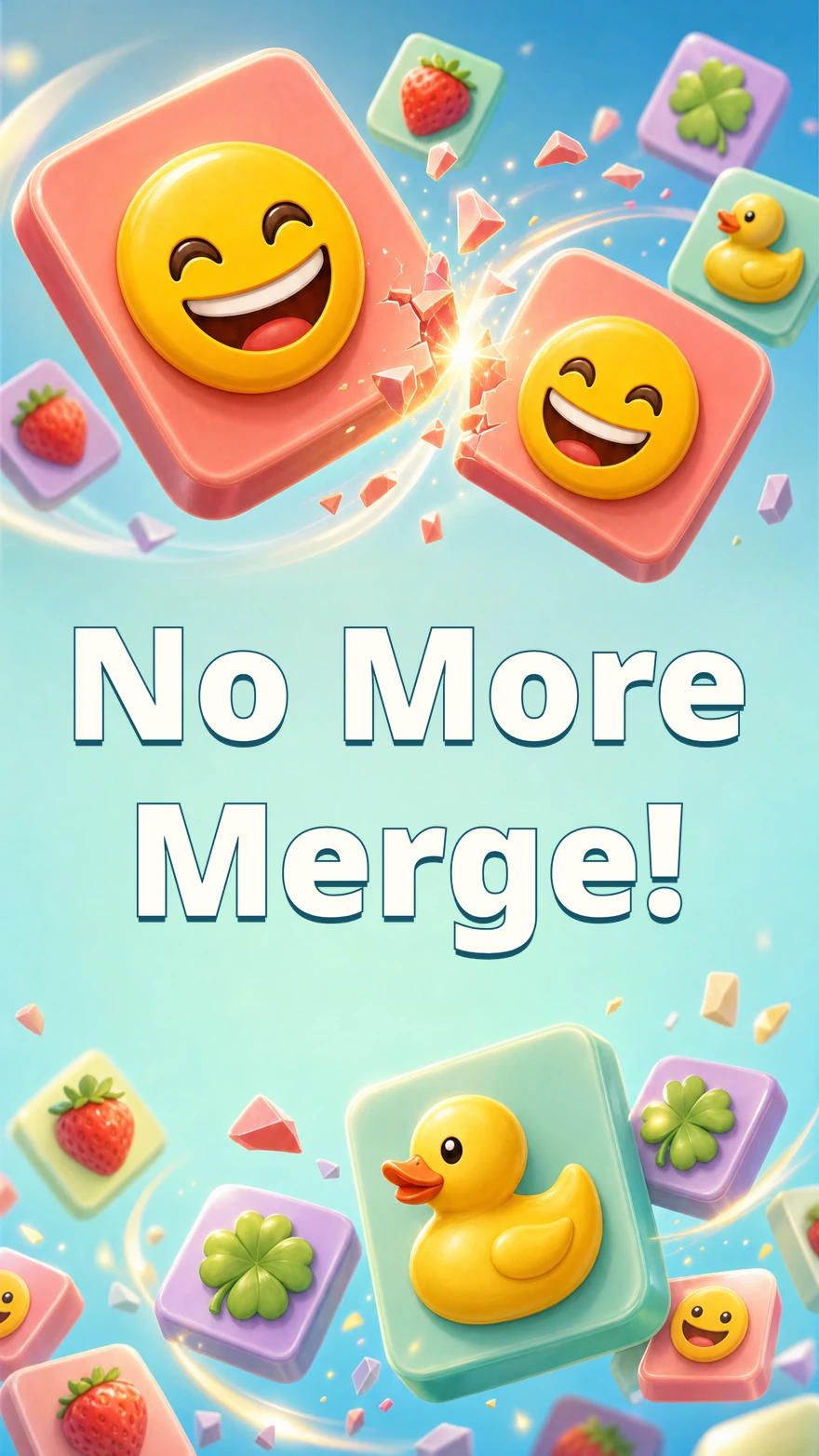 No More Merge! title between colourful matching emoji blocks